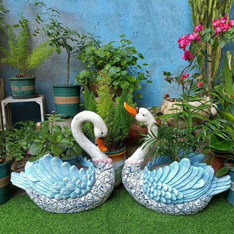 仿青花瓷天鹅花盆阳台花园户外装饰庭院露台创意动物多肉花缸摆件