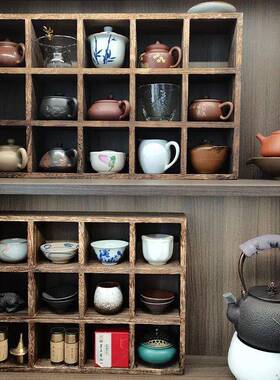 墙上多格壁挂式KKJ博架古架收藏35置物茶杯0人储具物茶复古格子1