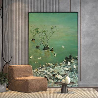 现代轻奢客边厅玄关装饰画绿色湖EM-2122风画背画景墙壁大幅竖景