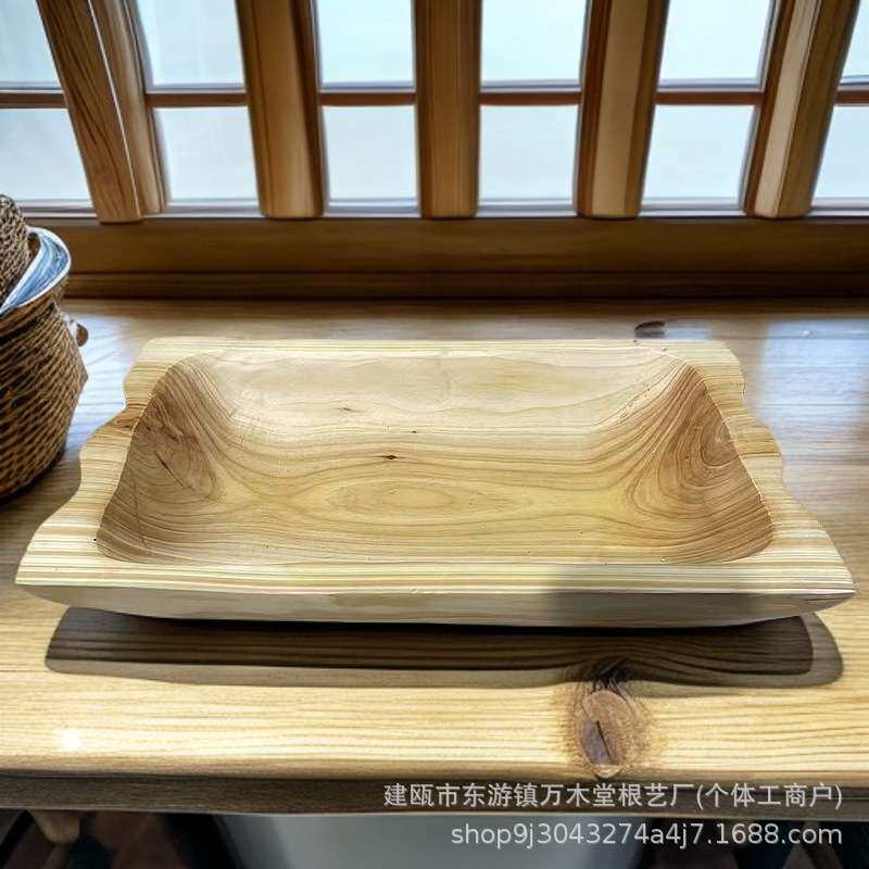 原木扶手款木制长方形超大木盆装肉盆 长方形大号果盘新中式