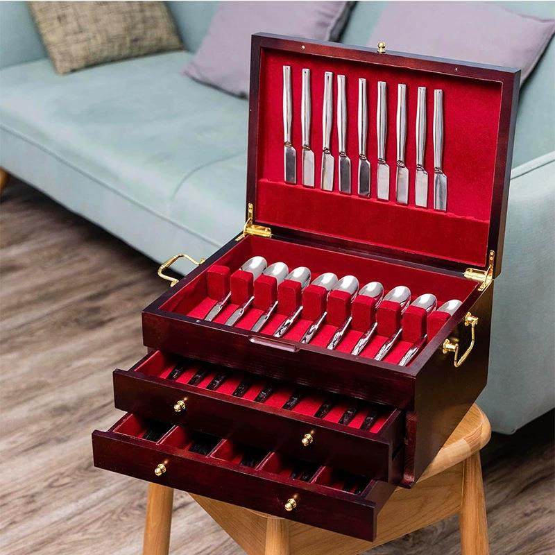 厂木制银器箱家用餐具收纳木制银器存盒三层抽储盒CY-06511屉式储