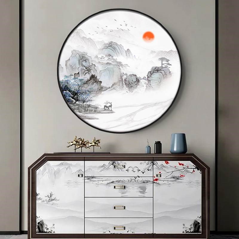 新中式装饰画望云m楼圆形入户玄关客厅山水画禅意茶室挂画水墨画