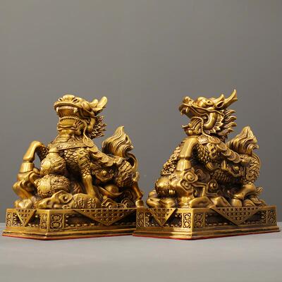 旺财纳福麒麟一对公母麒麟家居客厅摆件室铺办公店桌面铜装LDG饰