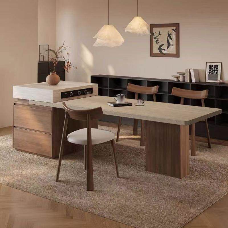 宋氏美学古风实木伸缩洞石岩板岛台餐桌一体家用多功能胡桃中岛