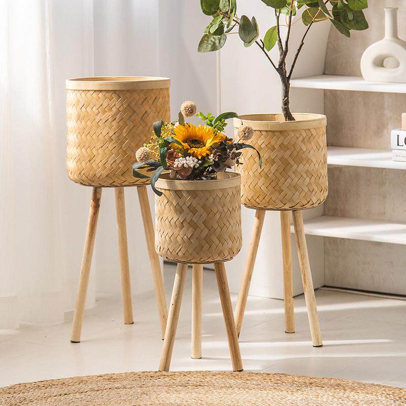 北藤欧高脚花架子编花篮花竹p2DA0DKi编花架厅落地式置物架阳台盆