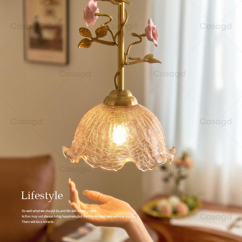 中古玫灯瑰小花床头吊灯法式g复古黄铜水波纹走廊玄79261关吊线ca