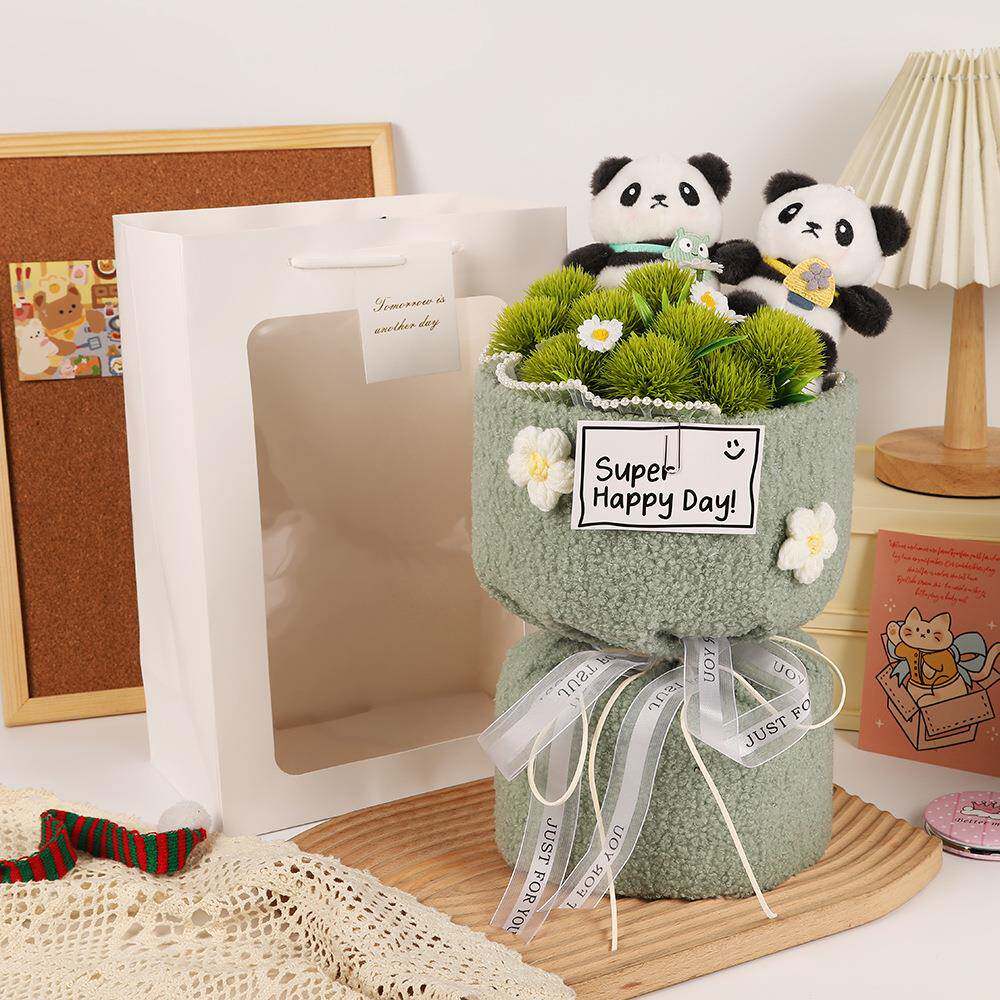 双熊猫织毛女绒玩偶手捧花学生毕业季头礼双头熊猫物七夕情针人节