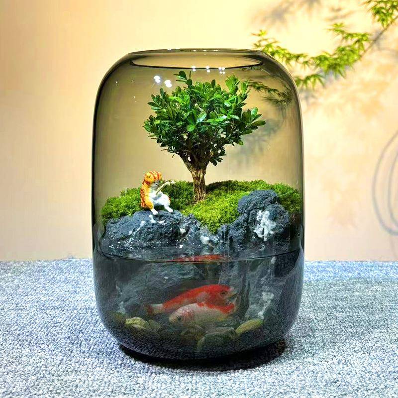 小猫钓鱼养鱼缸观观赏微景厅客养鱼办公桌面SQD生态摆件纯手工成