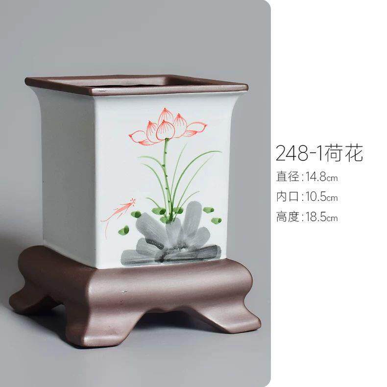 花盆陶瓷四方形高款大号盆兰花IGV专用造老桩悬崖桩景盆兰景手绘