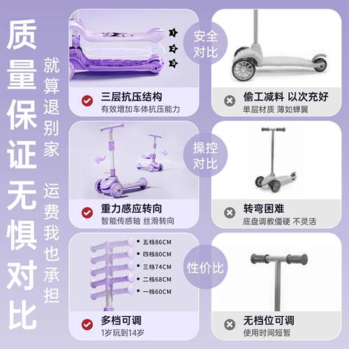 酷洛米儿童滑板车三合一可坐可骑滑板车儿童6到岁宝宝转弯滑板车