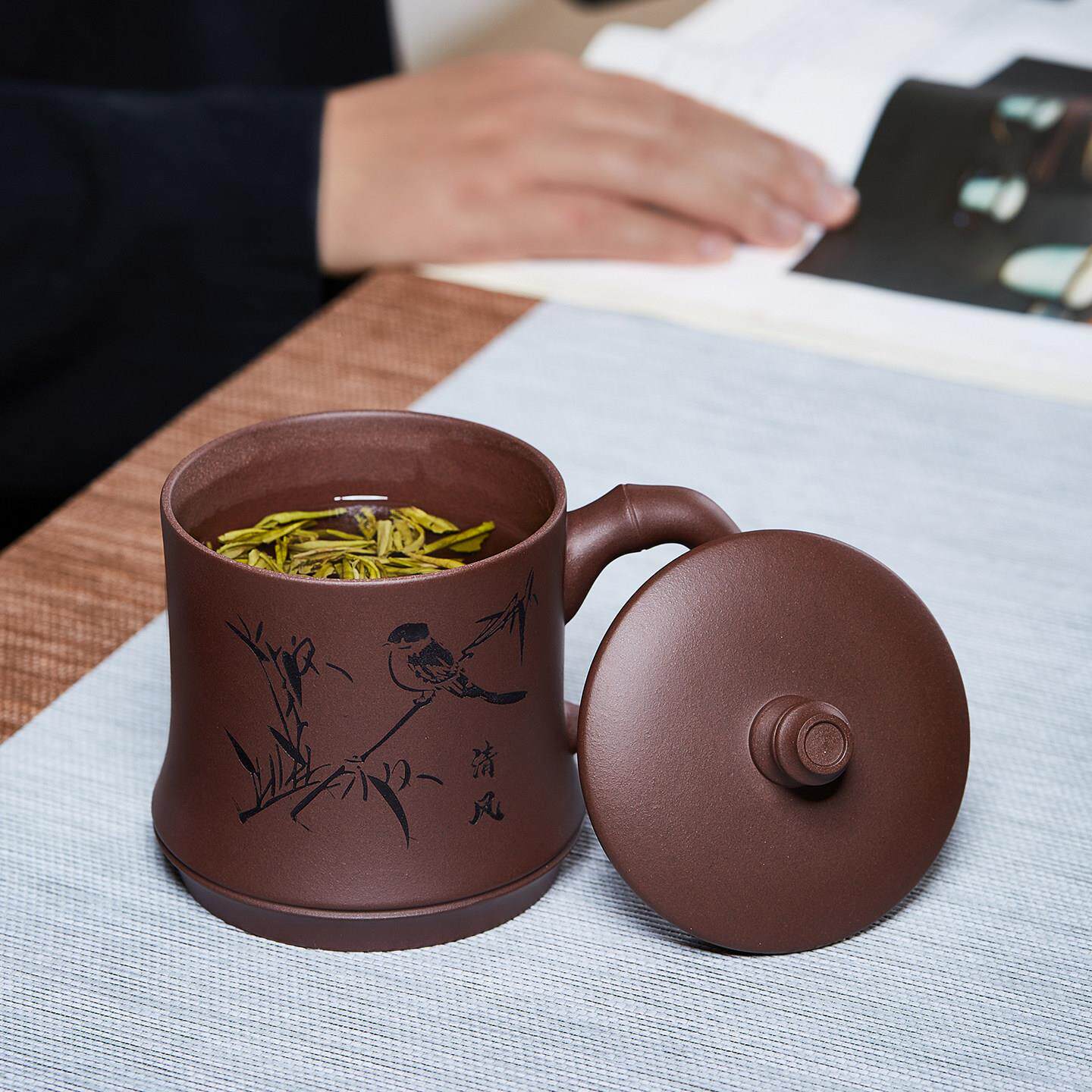 壶宜兴砂泡茶杯原紫zbz-065-矿泥盖杯办公大尊容量紫带把杯子竹节