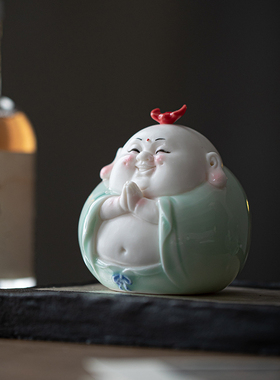 创意陶瓷大肚弥勒佛摆件可爱招财笑佛家居客厅办公桌面装饰工艺品