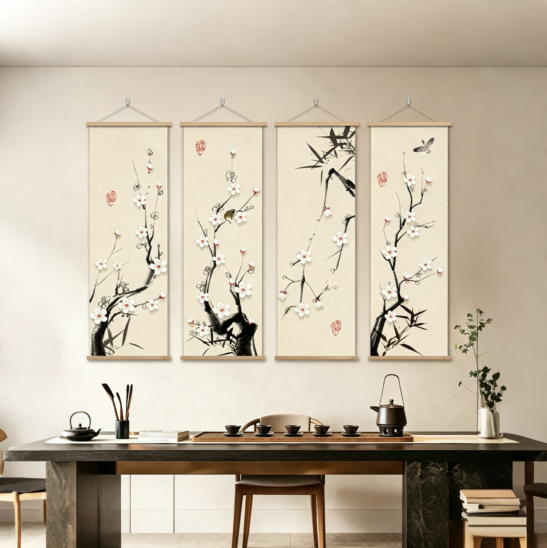息装饰福鸟梅花挂画客厅禅意油画布装饰画挂轴花卉图案四联