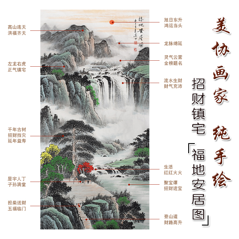 福地安居图纯手绘国画客厅办公室招财靠山四尺山水画挂画玄关竖版