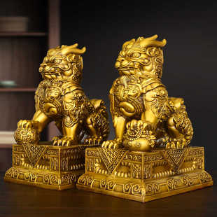 铜麒麟摆件公母一对纯麒麟火镇办公室头黄铜家居八卦直聚宝盆宅踩
