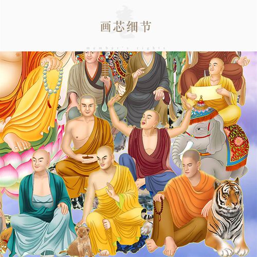 高清全堂佛画像 如来佛祖观世音文殊菩萨十八罗汉众佛图 卷轴挂画
