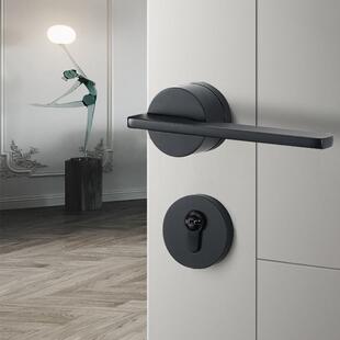 门锁室内极简灰色卧室门把手门锁吸磁静音房间门锁黑色分体木家用