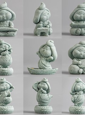 青砂石国潮风中式唐仕女茶几桌面茶玩茶宠园艺鱼缸造景装饰品摆件