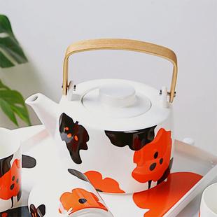 芬兰陶瓷提梁壶中古简约风花茶杯水具套装茶壶木把手冷水壶带托盘