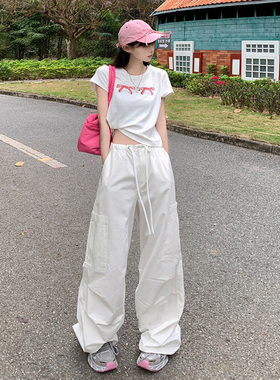KRO美式白色复古宽松阔腿裤抽绳工装裤百搭显瘦可束脚休闲裤女潮
