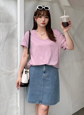 大码牛仔半身裙胖mm梨形身材高腰遮肚子百搭A字短裙一步裙显瘦