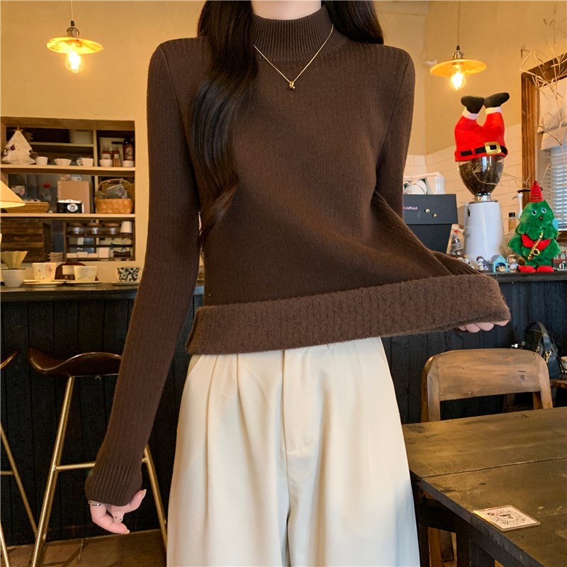 一体绒毛衣女打底衫秋冬季内搭半高领修身长袖针织衫加厚保暖上衣