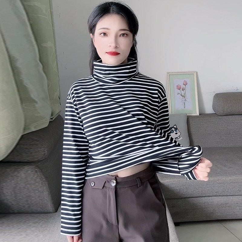黑色条纹堆堆高领宽松纯棉长袖T恤打底衫2025新款女秋冬内搭上衣