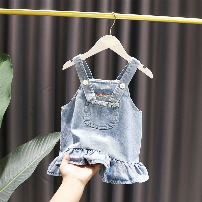女童洋气连衣裙套装2022春秋新款童装女宝宝牛仔背带裙衬衫两件套