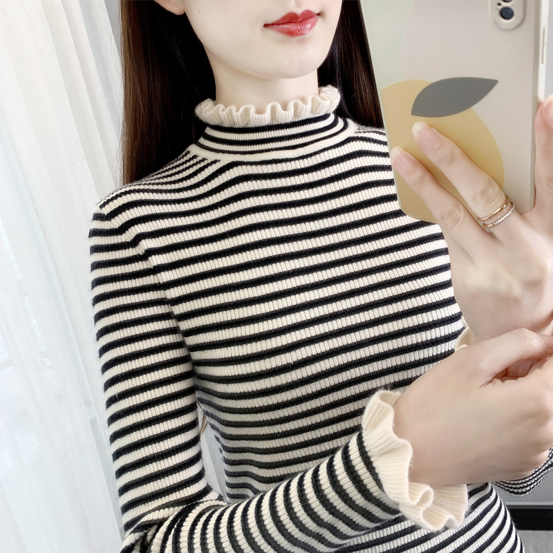 半高领毛衣女打底衫秋冬2023年新款荷叶边内搭上衣修身条纹针织衫