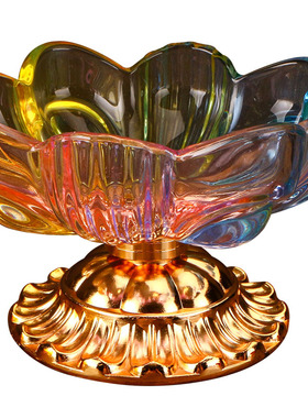 水晶琉璃莲花小号供盘供果盘合金贡盘七彩水果盘家用客厅佛前摆件