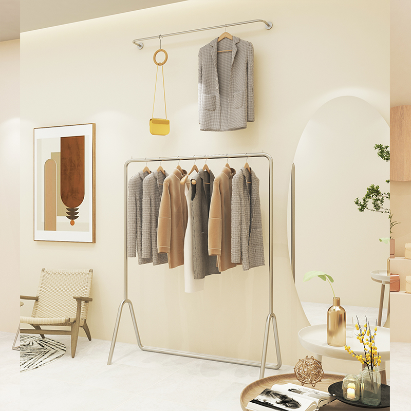 服装展示架上墙式网红挂衣架女装店壁挂上墙架不锈钢拉丝银色侧挂