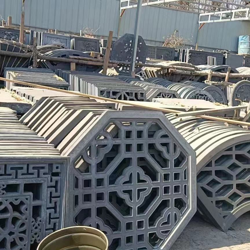 中式仿古建梅兰竹菊福字圆扇形镂空影壁围墙四合庭院青砖浮雕窗花