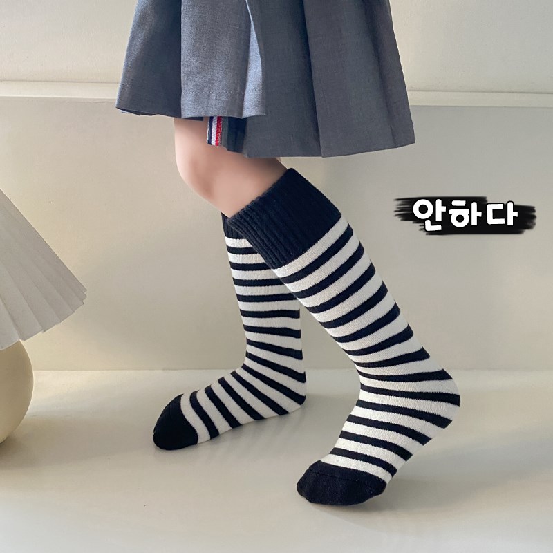 儿童袜子秋冬季加绒加厚纯棉长筒袜男童女童冬季简约保暖中筒棉袜
