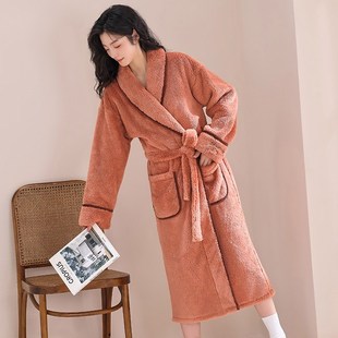 睡袍女士春秋冬季 家居服 珊瑚绒加绒加厚睡衣法兰绒保暖浴袍加长款