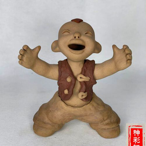 纯手工陶瓷泥人摆设 山东粗陶学童人物家居饰品 陕北娃土陶工艺品