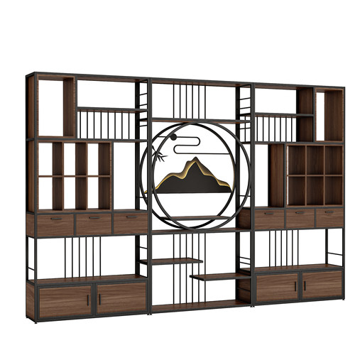 新中式铁艺博古架茶室置物架办公室隔断书架收纳架茶叶展示柜落地