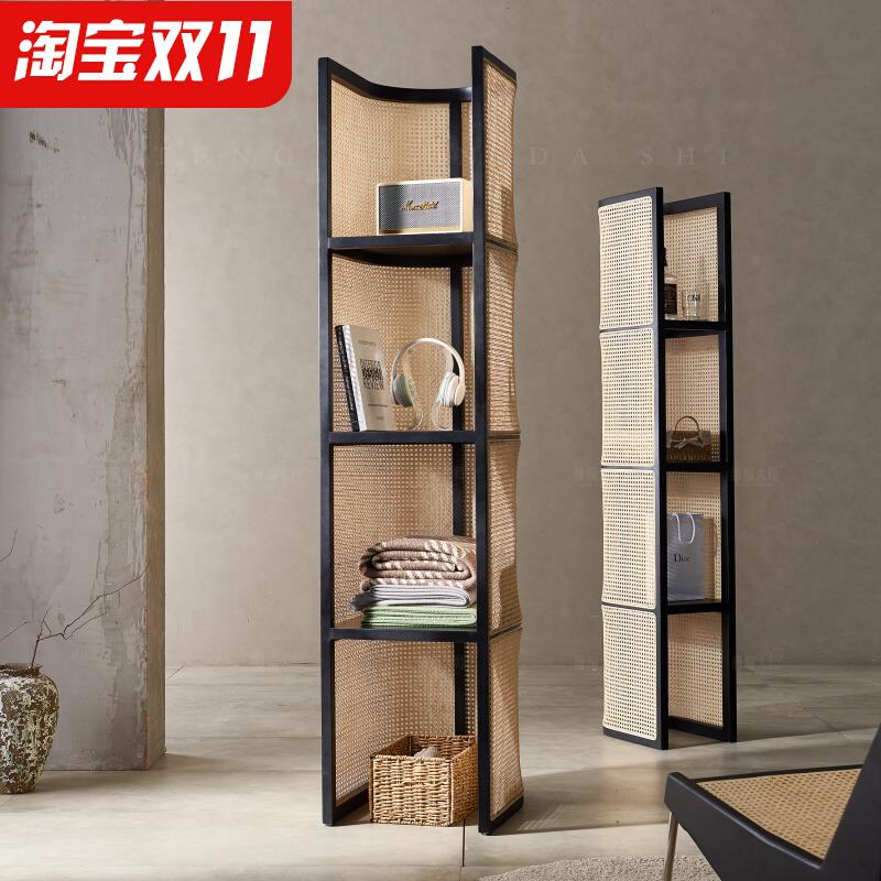窄边藤编置物架隔断落地书架侘寂风家用多层收纳架商品陈列展示架