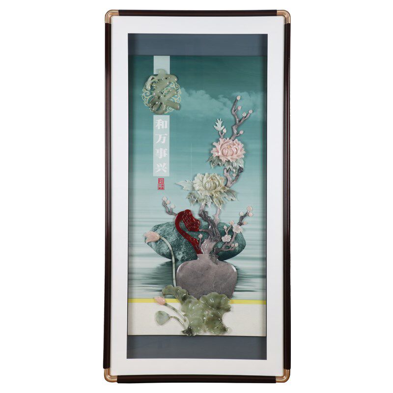 新中式入户玄关装饰画玉雕竖版挂画客厅高档led灯画走廊过九鱼图