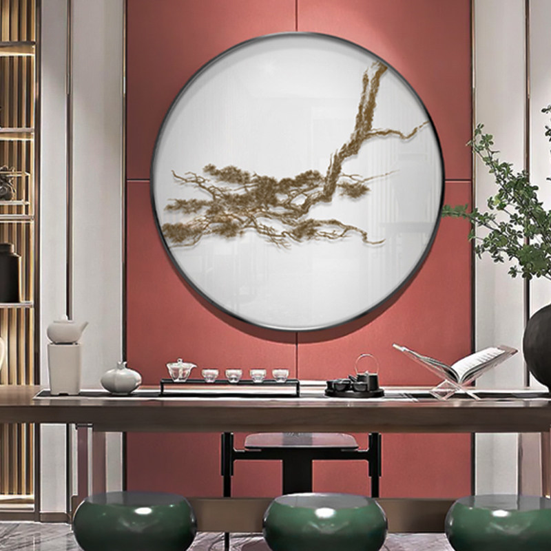 新中式立体浮雕圆形风景茶室玄关挂画禅意松树客厅书房卧室装饰画