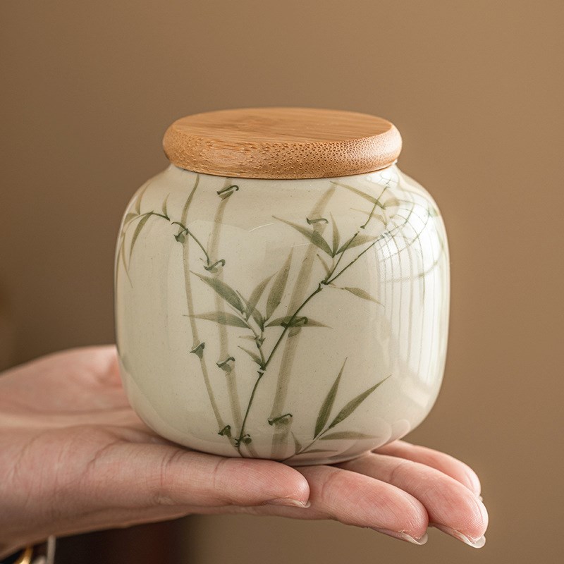 JOJOS L. PD.give.翠绿文竹茶叶罐密封罐陶瓷存茶罐防潮  目送