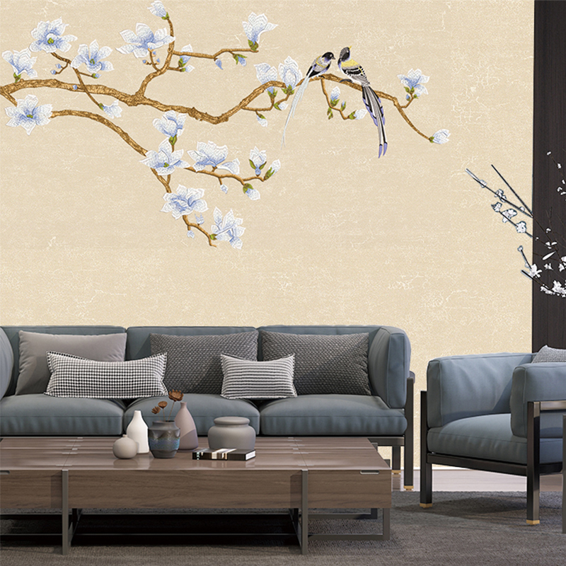 独秀背景墙布独绣壁布刺绣墨绿客厅电视中式无缝花鸟卧室墙纸