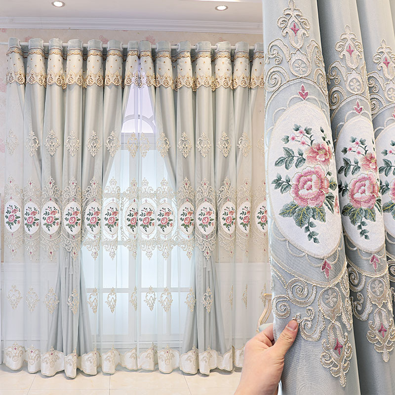 欧式简约现代布纱一体层窗帘成品客厅卧室阳台遮光绣花窗帘定制