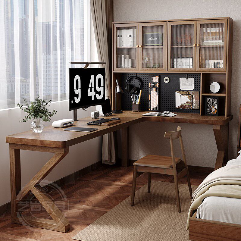 实木转角书柜书桌组合带洞洞板家用靠墙角落电脑桌七字型写字桌子