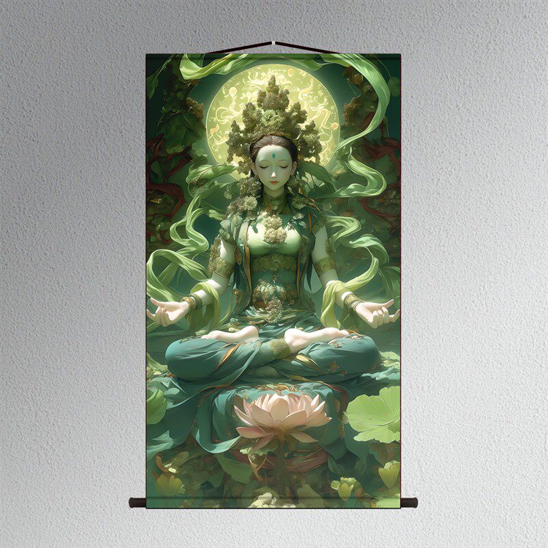 绿度母菩萨画像客厅沙发背景玄关书房装饰挂画