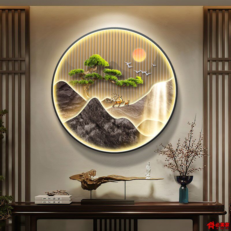 流水生财玄关装饰画高级感圆形灯画客厅大气山水挂画餐厅走道壁画