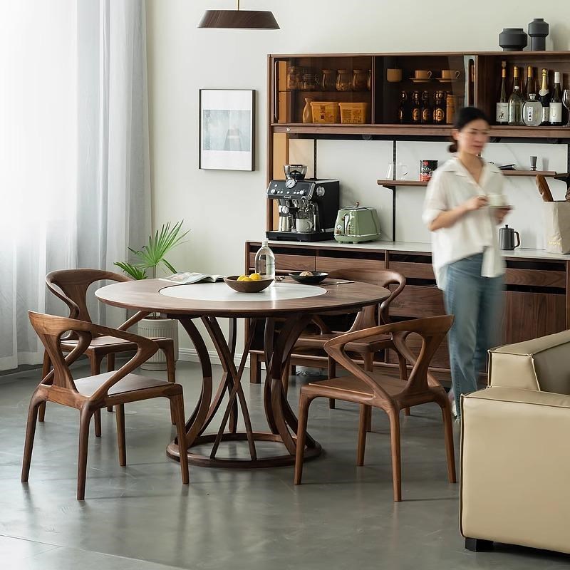 独家森活月圆餐桌北美黑胡桃木圆餐桌内嵌式转盘小户型岩板桌