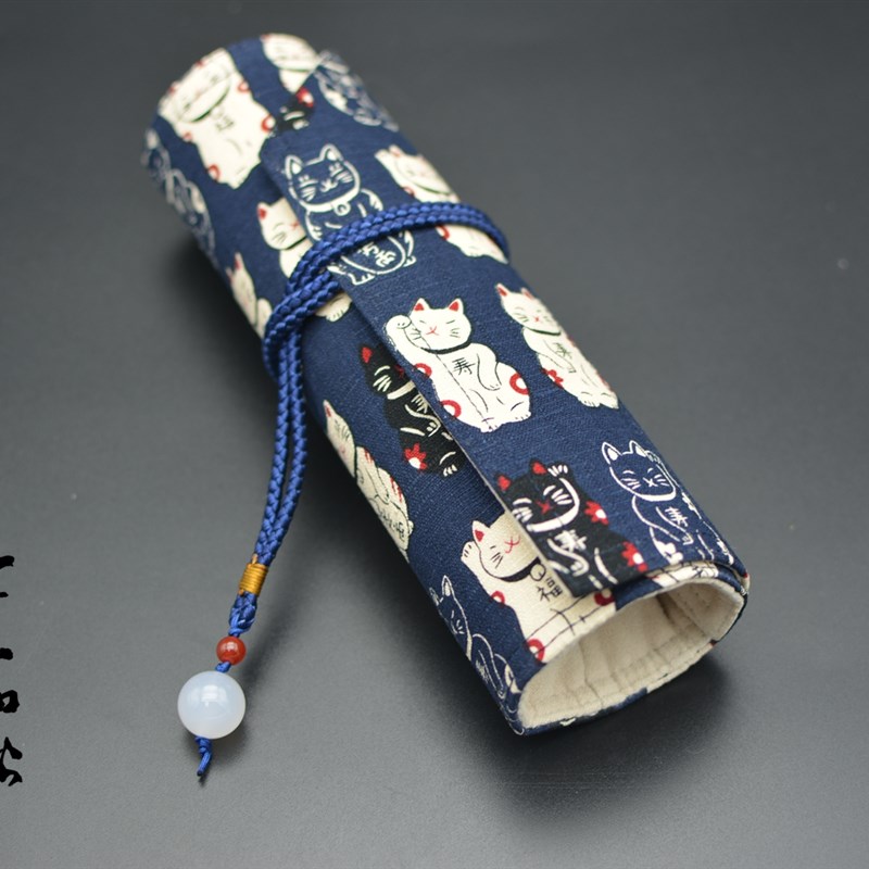 【】一叶知秋 手作 笔帘 【和风猫  红\蓝】 玛瑙珠 钢笔笔帘