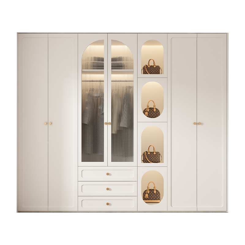 法式奶油风衣柜卧室家用玻璃门整体衣帽间白色实木定制大衣橱