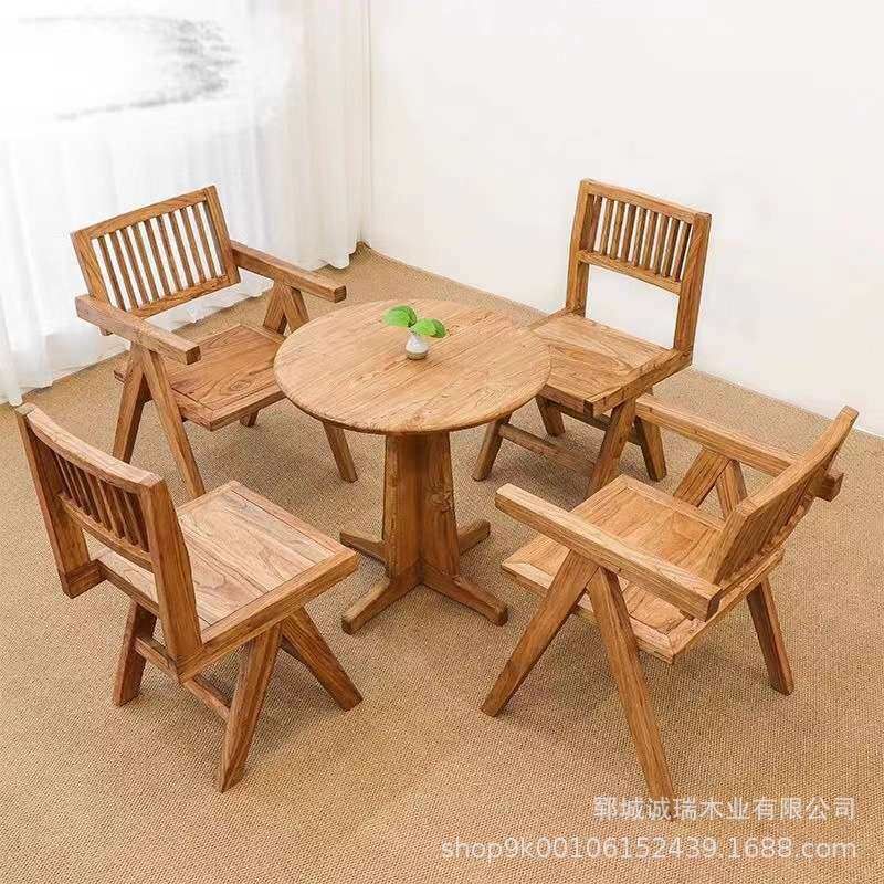 餐厅实木圆形饭桌咖啡厅休闲餐桌椅老榆木靠背椅子小圆桌家具组合