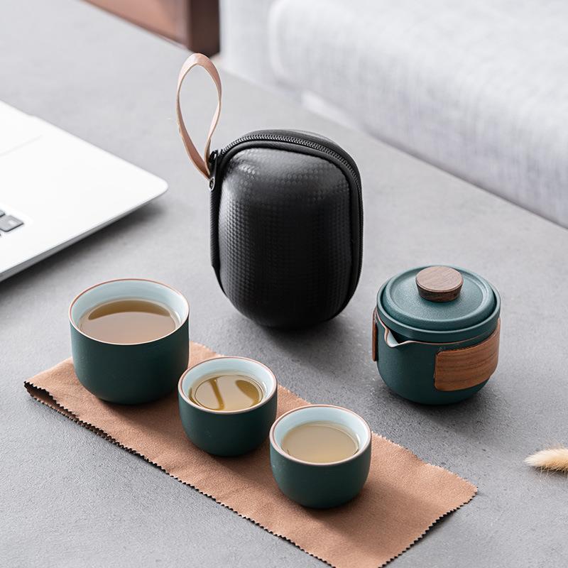珊瑚绿粗陶快客杯一壶二杯户外简约便携陶瓷茶杯茶具旅行套装